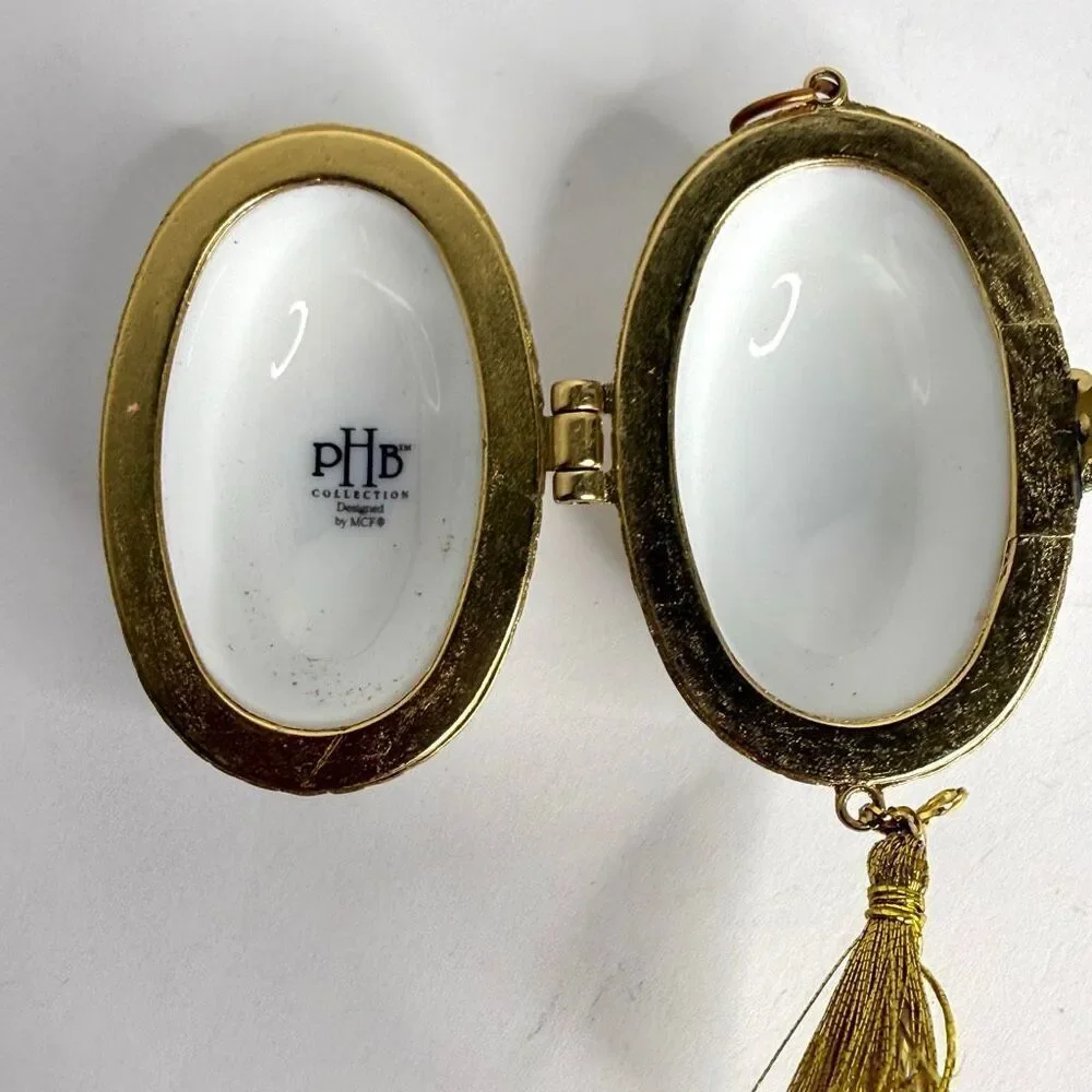 Vintage PHB Porcelain Christmas Egg Trinket Box 2001 Hinged Ornament with Stand